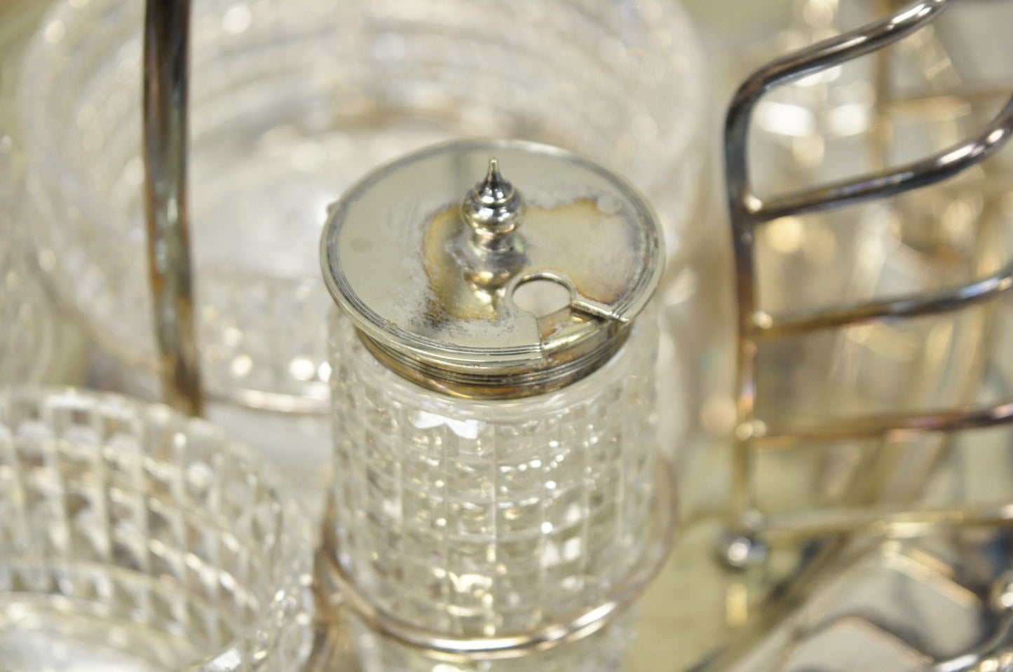 Antique Victorian Silver Plated Footed Cut Glass Breakfast Set Toast Rack w Tray