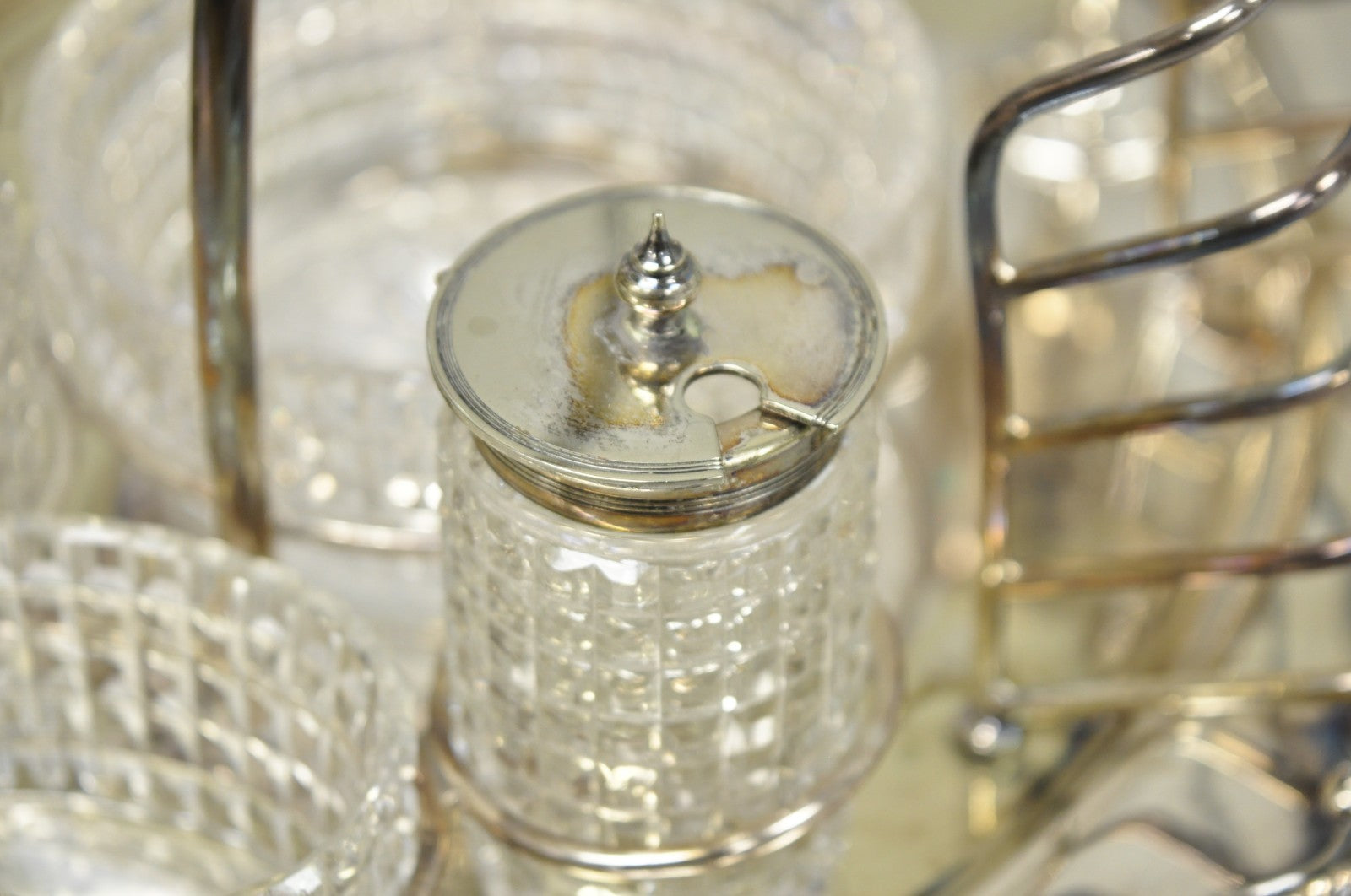 Antique Victorian Silver Plated Footed Cut Glass Breakfast Set Toast Rack w Tray