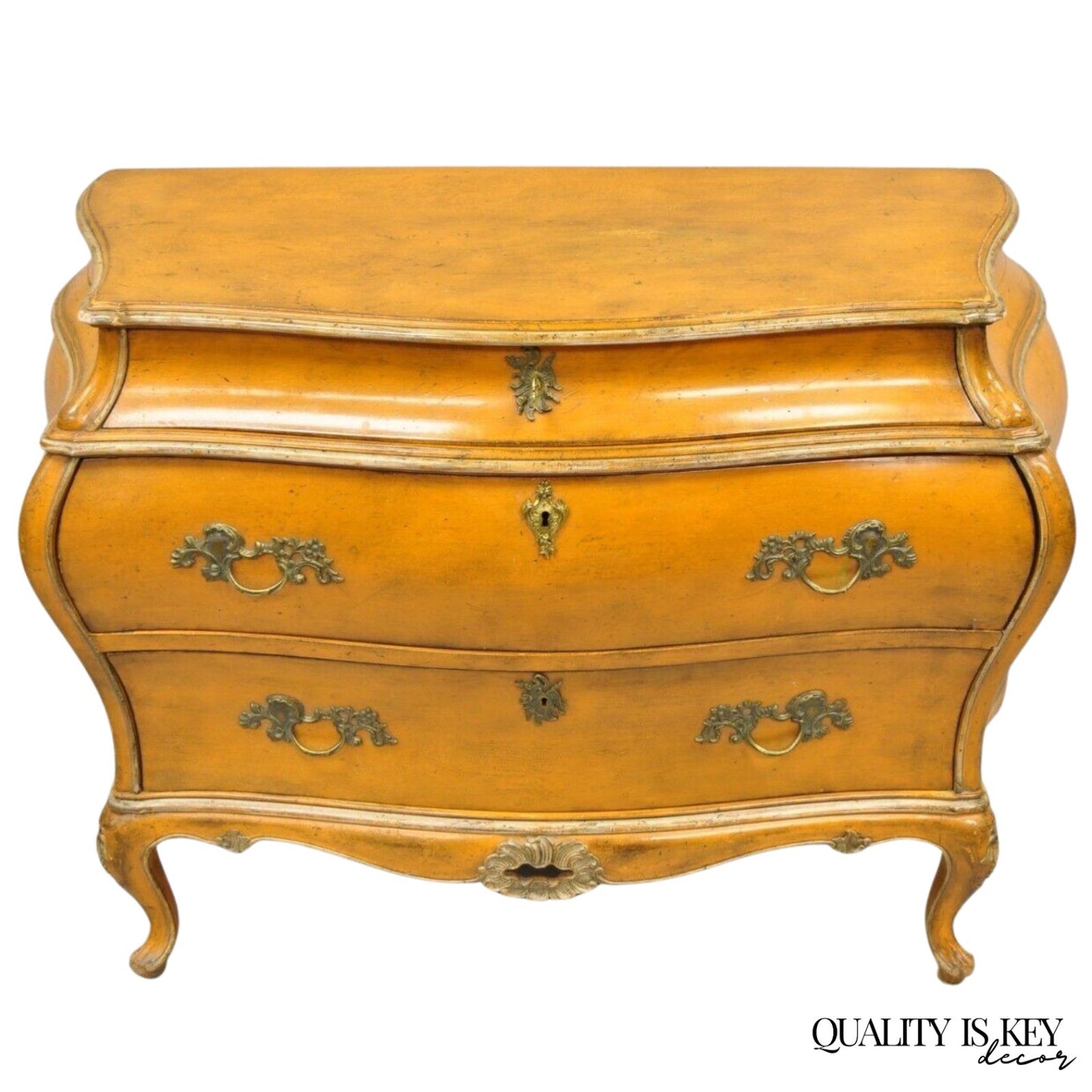 Antique Italian Rococo Louis XV Orange Painted Bombe Commode Chest of Drawers