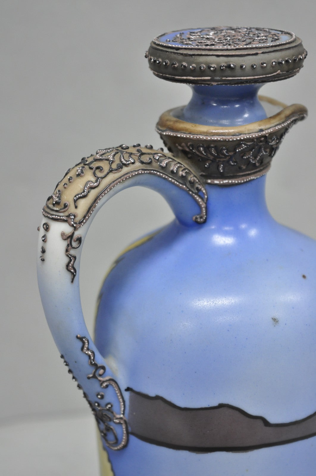Antique Nippon Hand Painted Blue Halloween Pattern Porcelain Wine Jug w/ Cork