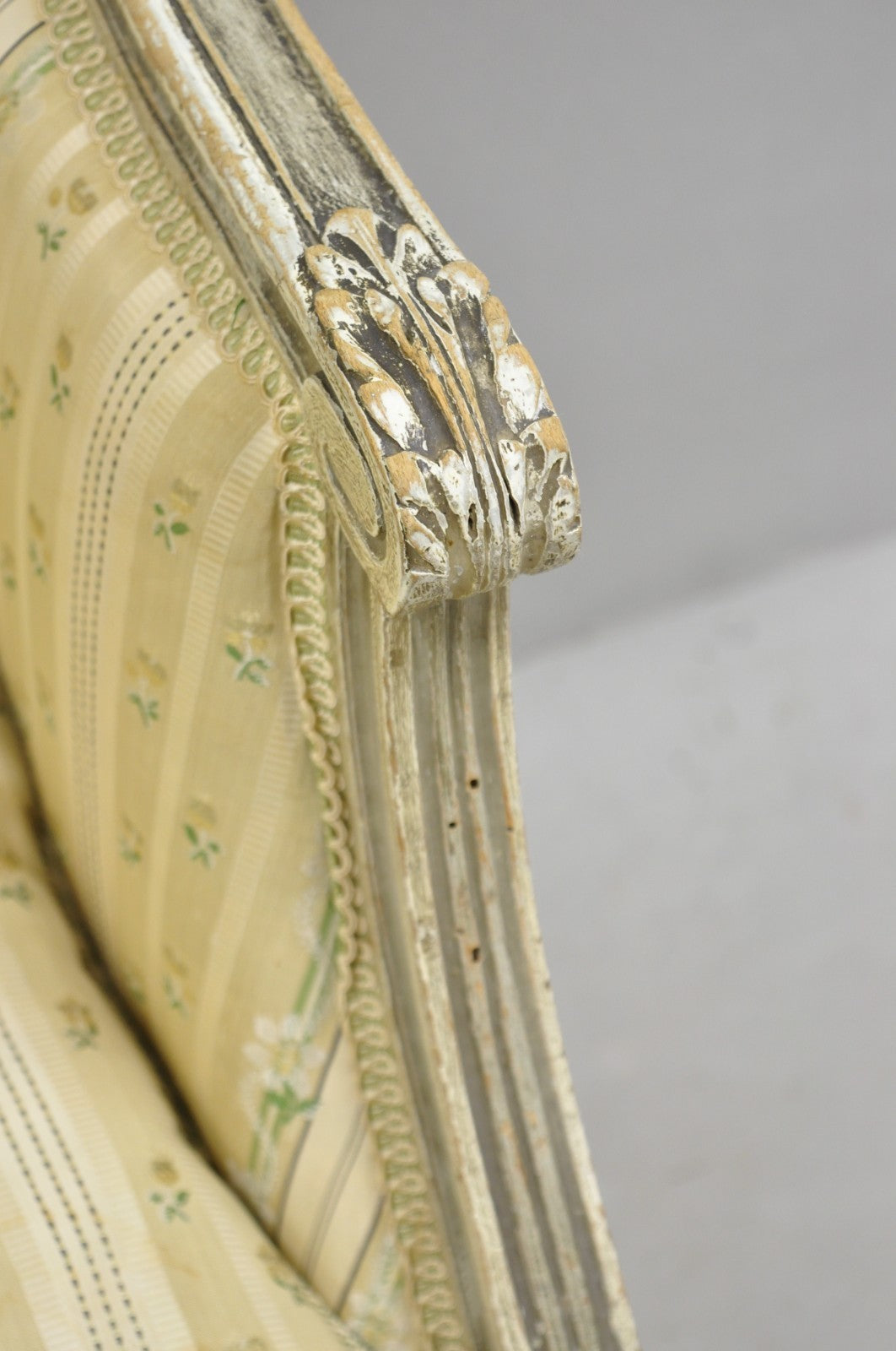 Antique French Louis XVI Style Cream Distress Painted Petite Canape Settee Sofa