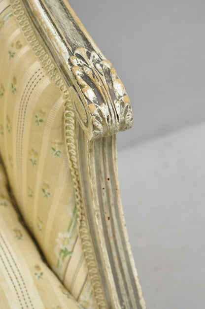 Antique French Louis XVI Style Cream Distress Painted Petite Canape Settee Sofa