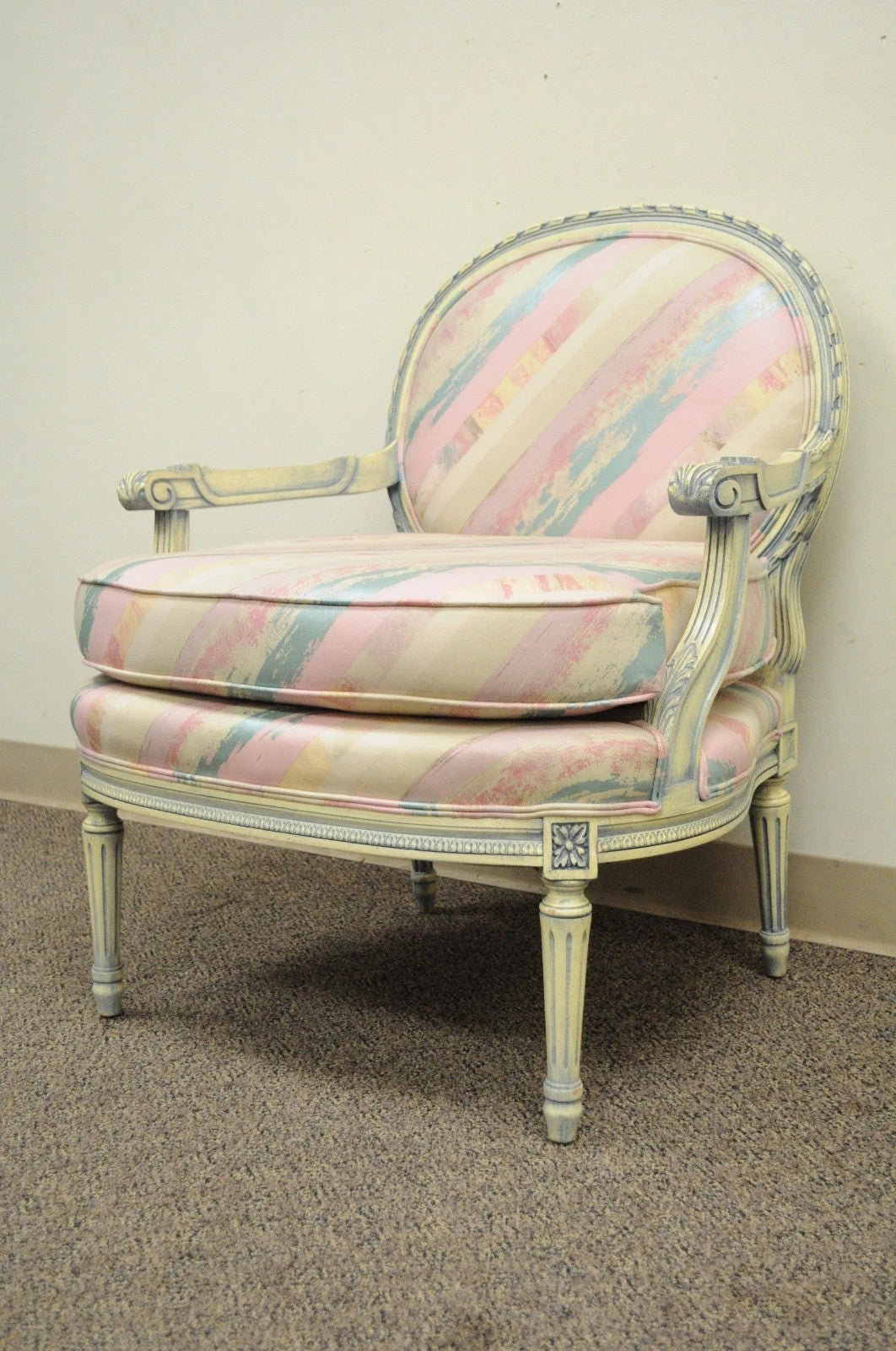 Vintage French Louis XVI Pink Blue Carved Bergere Boudoir Lounge Arm Chair