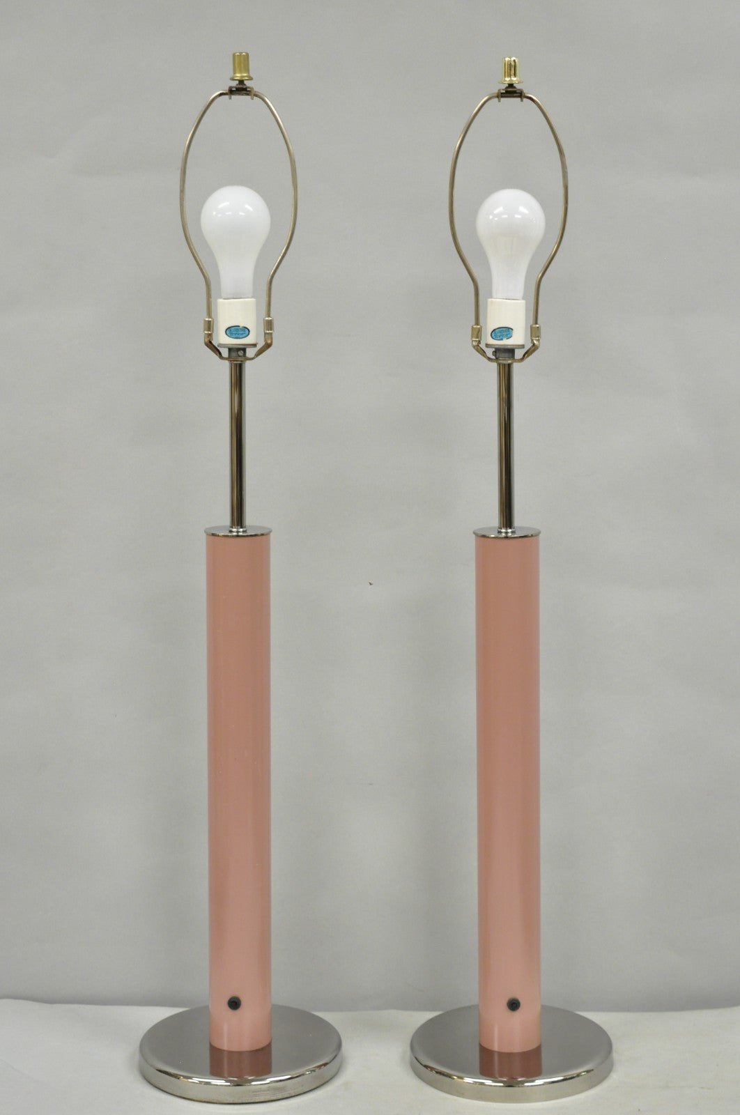 Mid Century Modern Bubble Gum Pink Cylinder Column Chrome Table Lamp - a Pair