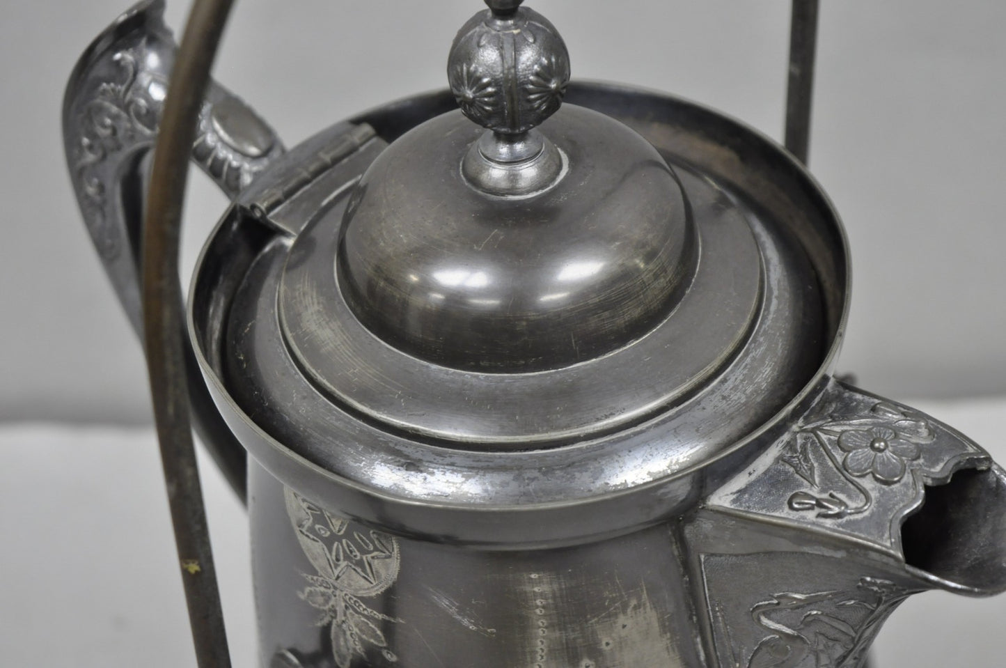 Antique English Victorian Silver Plated Tilting Coffee Pot on Stand w/ Engraving
