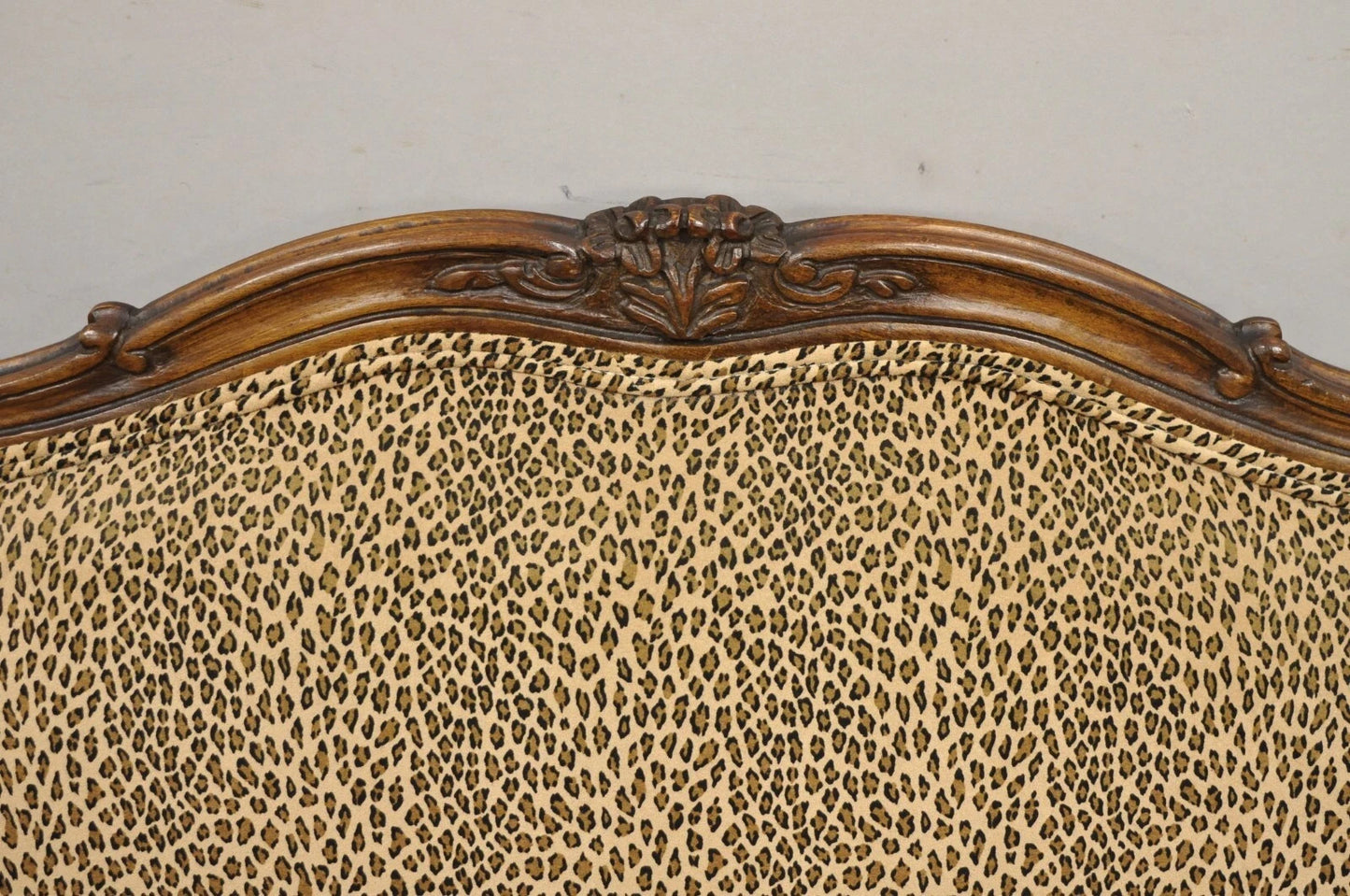 Vintage French Country Louis XV Carved Walnut Cheetah Print Wingback Sofa Settee