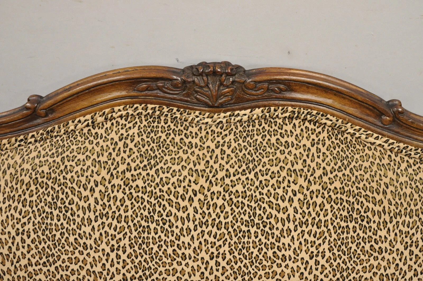 Vintage French Country Louis XV Carved Walnut Cheetah Print Wingback Sofa Settee