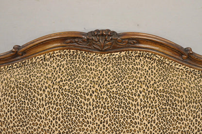 Vintage French Country Louis XV Carved Walnut Cheetah Print Wingback Sofa Settee