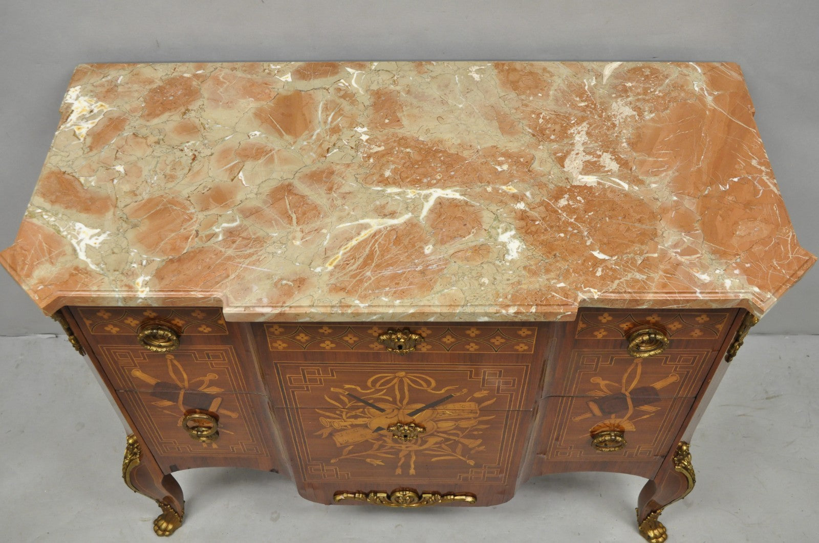 Vintage French Louis XV Style Marquetry Inlay Marble Top Commode Dresser Chest