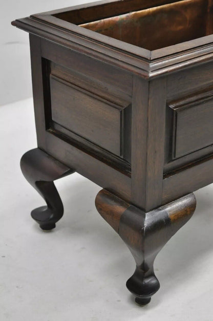 Vintage Mahogany Queen Anne Style Copper Lined Wooden Planter