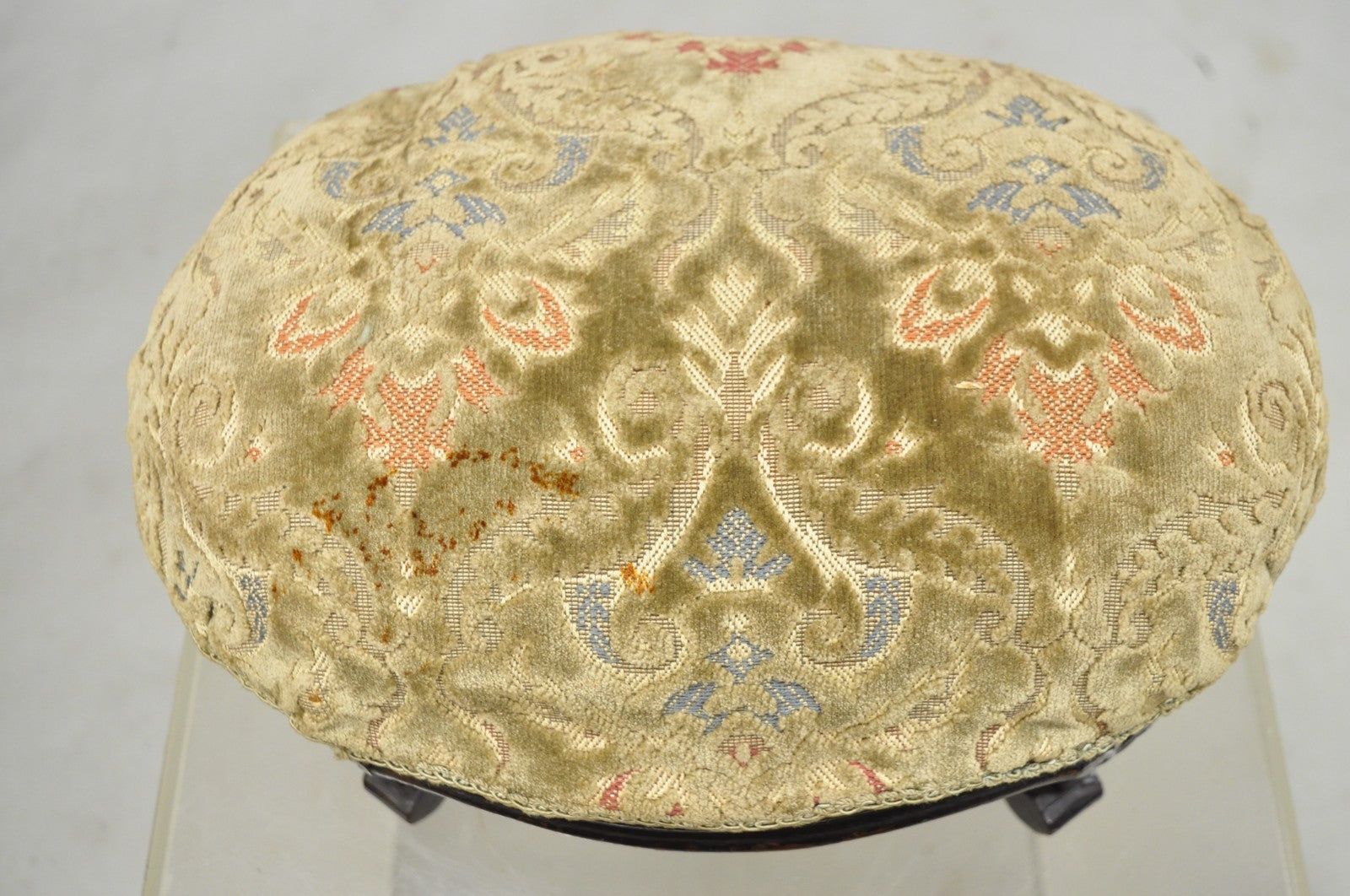 Antique French Country Provincial Oval Carved Walnut Petite Footstool Ottoman