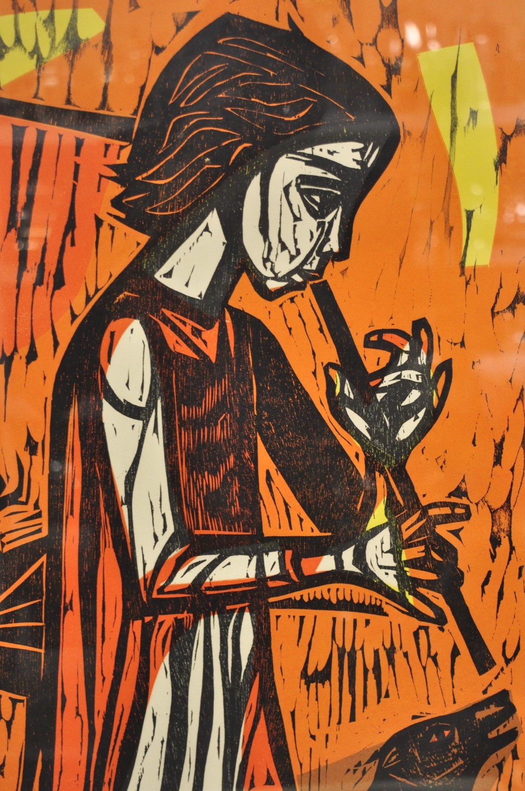 Vintage Irving Amen "Flute Player and Dog" Woodblock Print Judaica Art, Signed