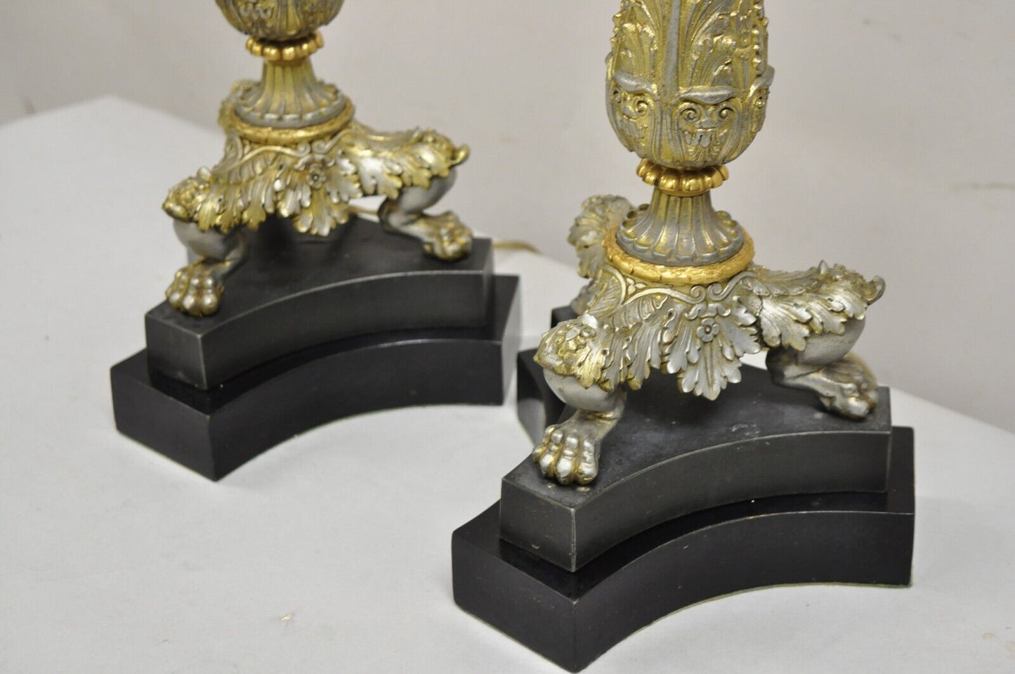 Vintage French Empire Silver & Gold Gilt Column Table Lamps w/ Paw Feet - a Pair