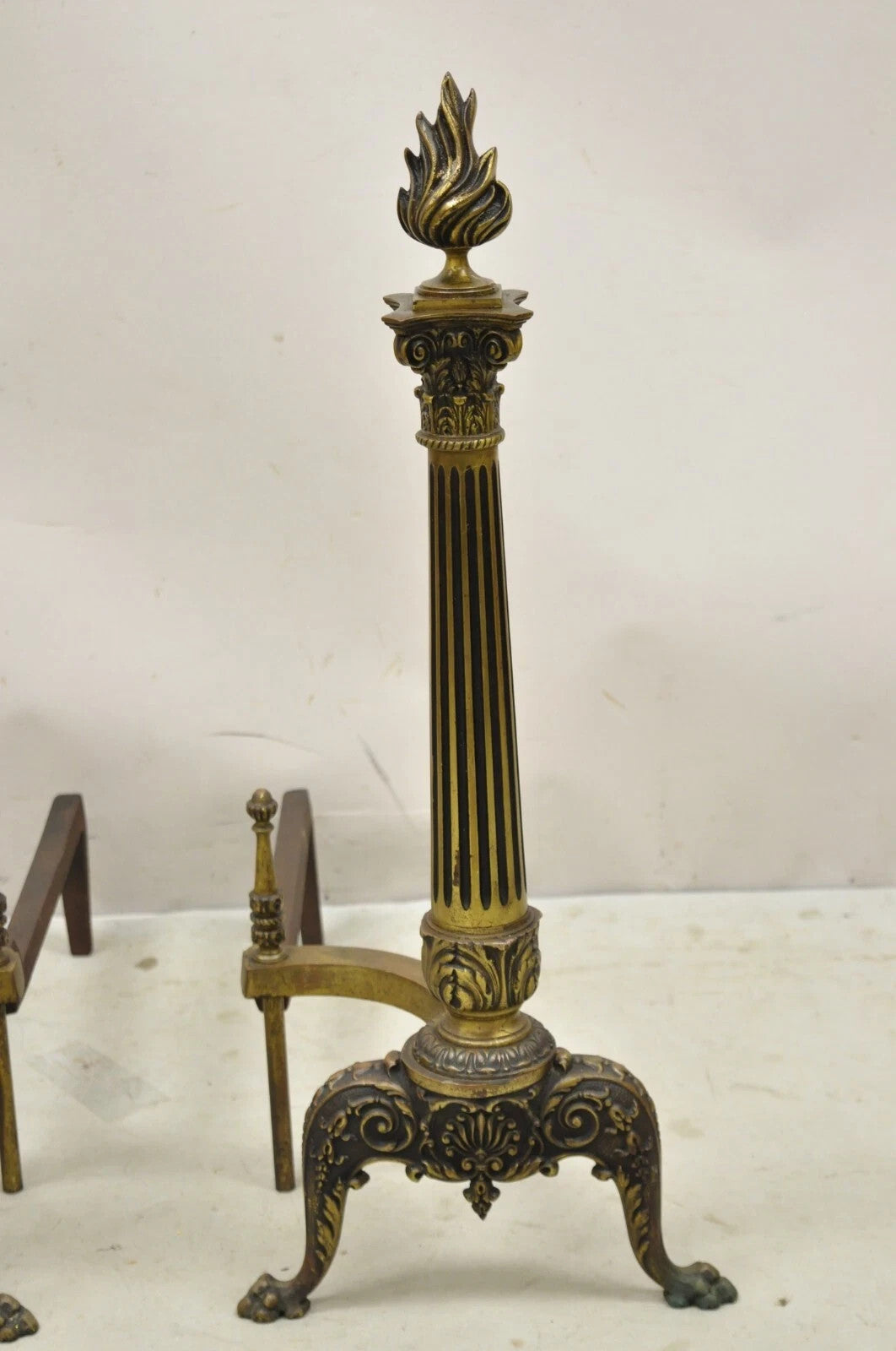 Antique French Empire Style Bronze Column Flame Finial Fireplace Andirons - Pair