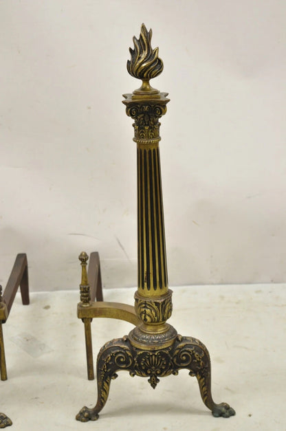 Antique French Empire Style Bronze Column Flame Finial Fireplace Andirons - Pair