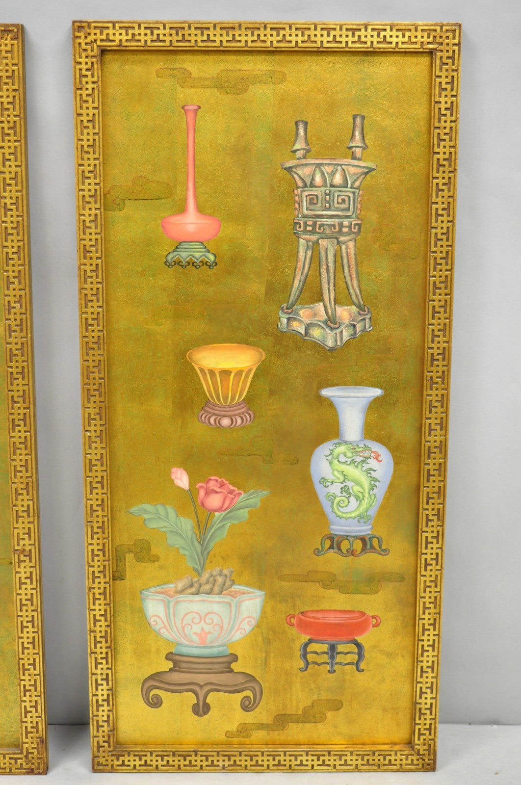 Vintage Chinoiserie Gold Hand Painted Chinese Vase Wall Panel Plaque - a Pair