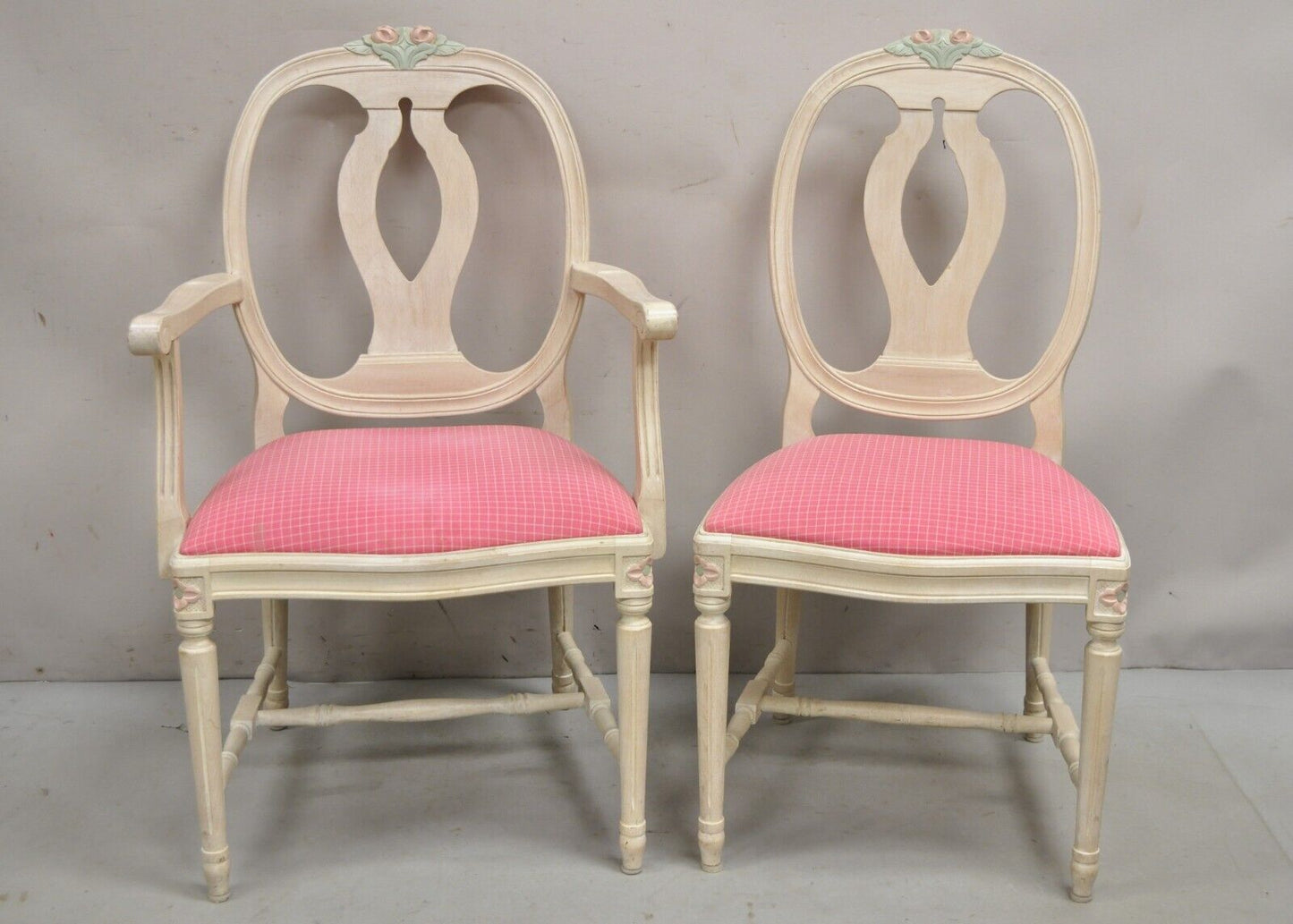 Vintage French Country Gustavian Cerused Pink Rose Dining Chairs - Set of 8