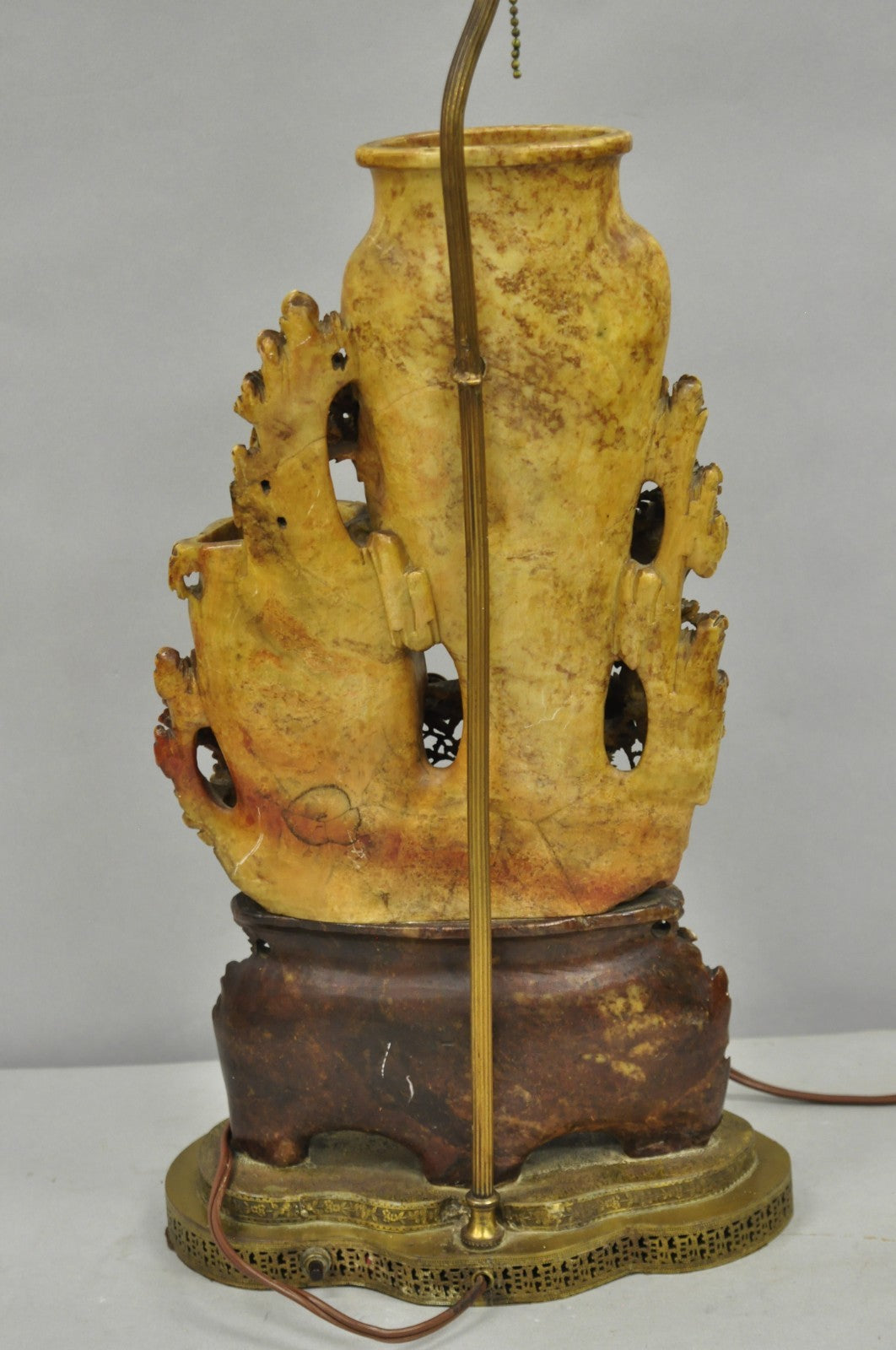 Antique Chinese Figural Carved Soapstone Large Table Lamp w/ Birds & Flowers