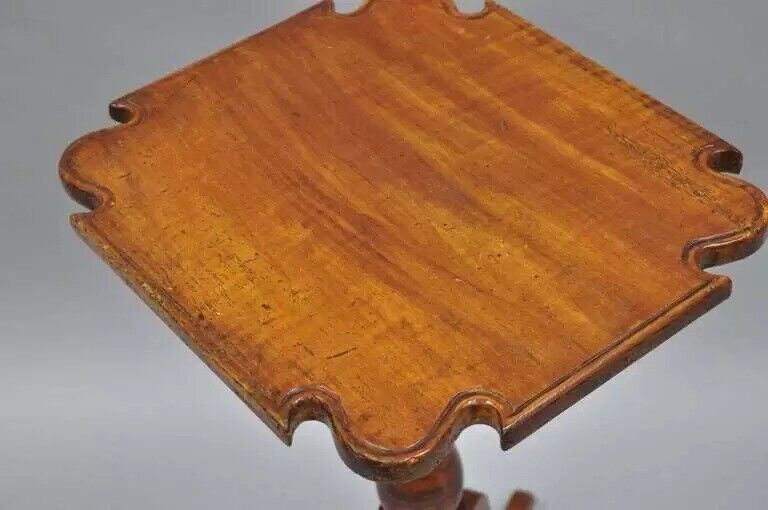18th C. Federal Cherry Candle Stand Tea Table Tripod Pedestal Scallop Carved Top