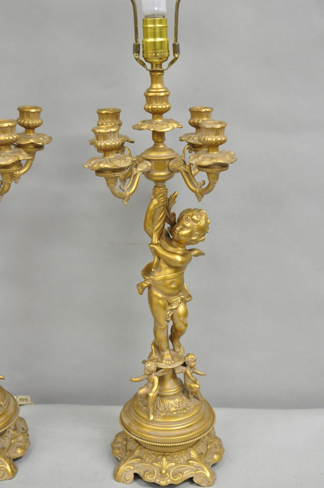 Vintage French Renaissance Louis XV Gold Cherub Candelabra Table Lamps - a Pair