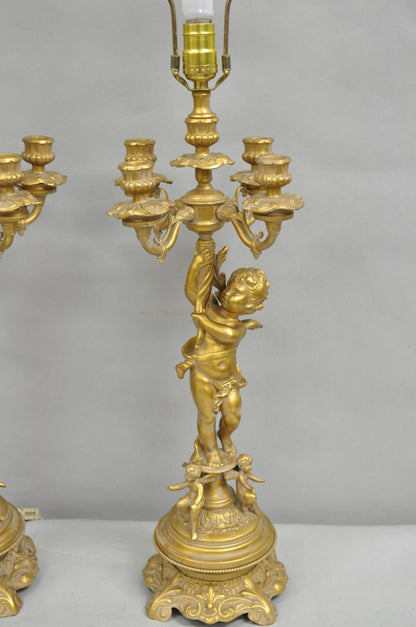 Vintage French Renaissance Louis XV Gold Cherub Candelabra Table Lamps - a Pair