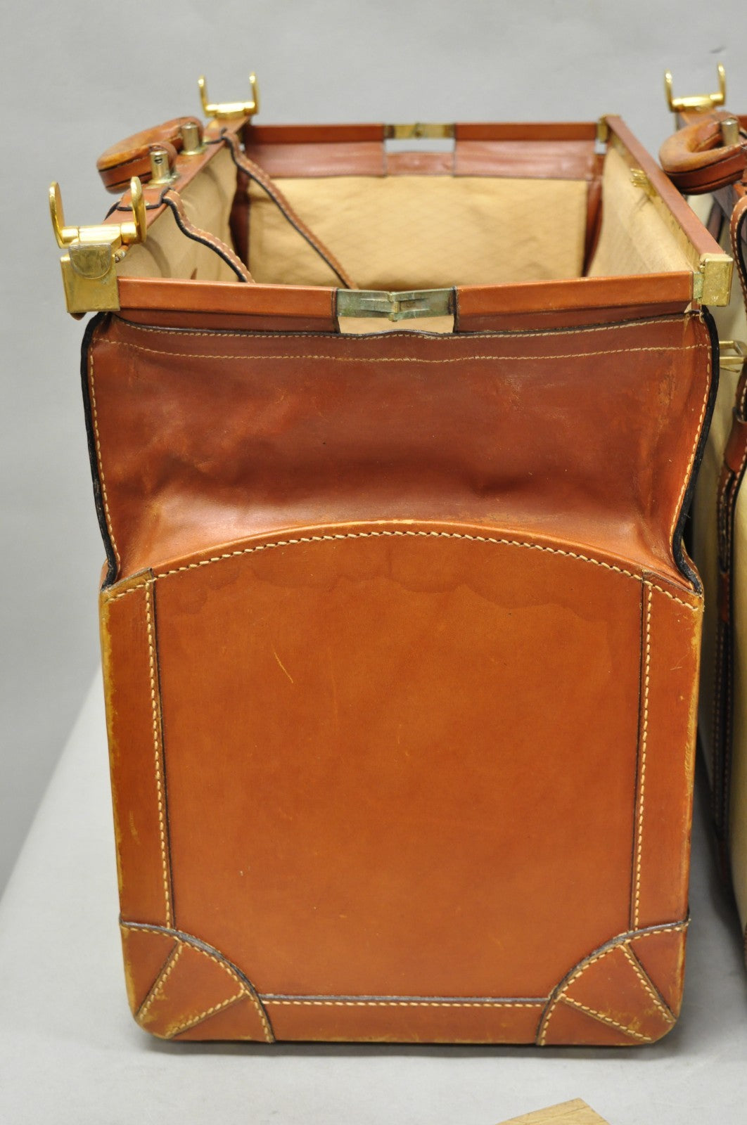 Vintage Dinoffer NY Italian Brown Leather & Vellum Parchment Gladstone Bag, Pair