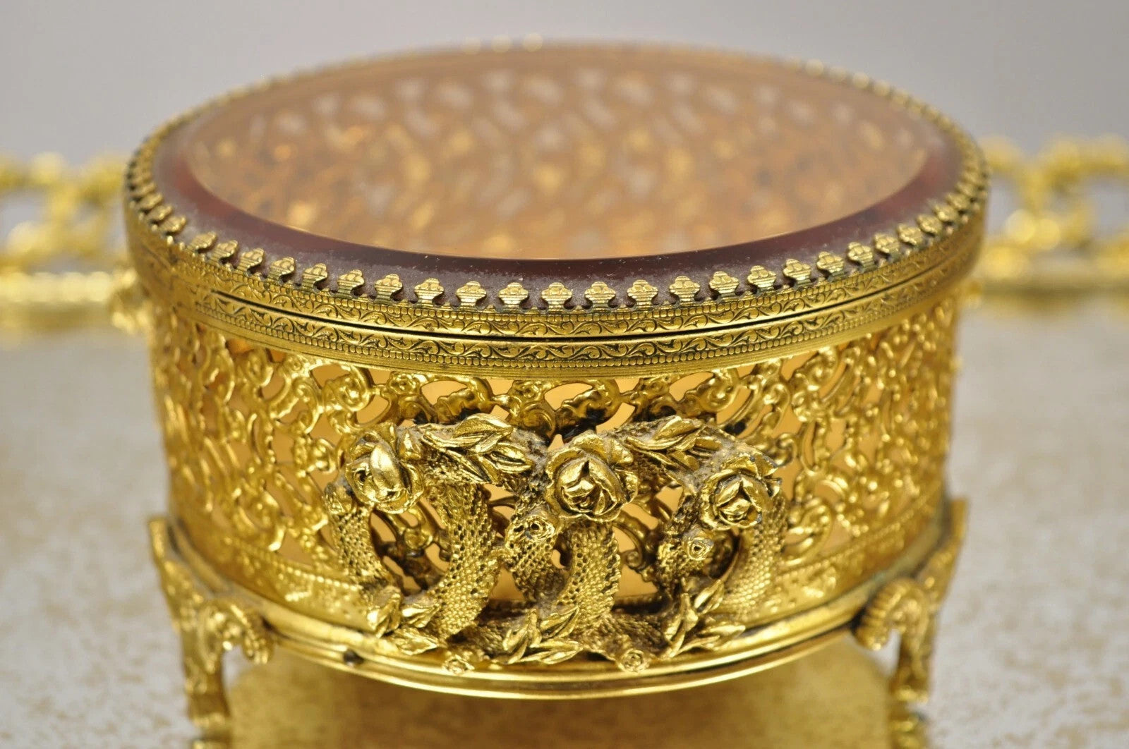 Vintage French Gold Filigree Vanity Set Perfume Clock Jewelry Box & Tray - 5 Pcs