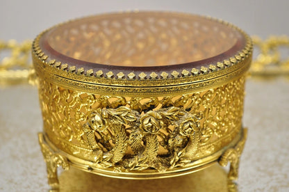 Vintage French Gold Filigree Vanity Set Perfume Clock Jewelry Box & Tray - 5 Pcs