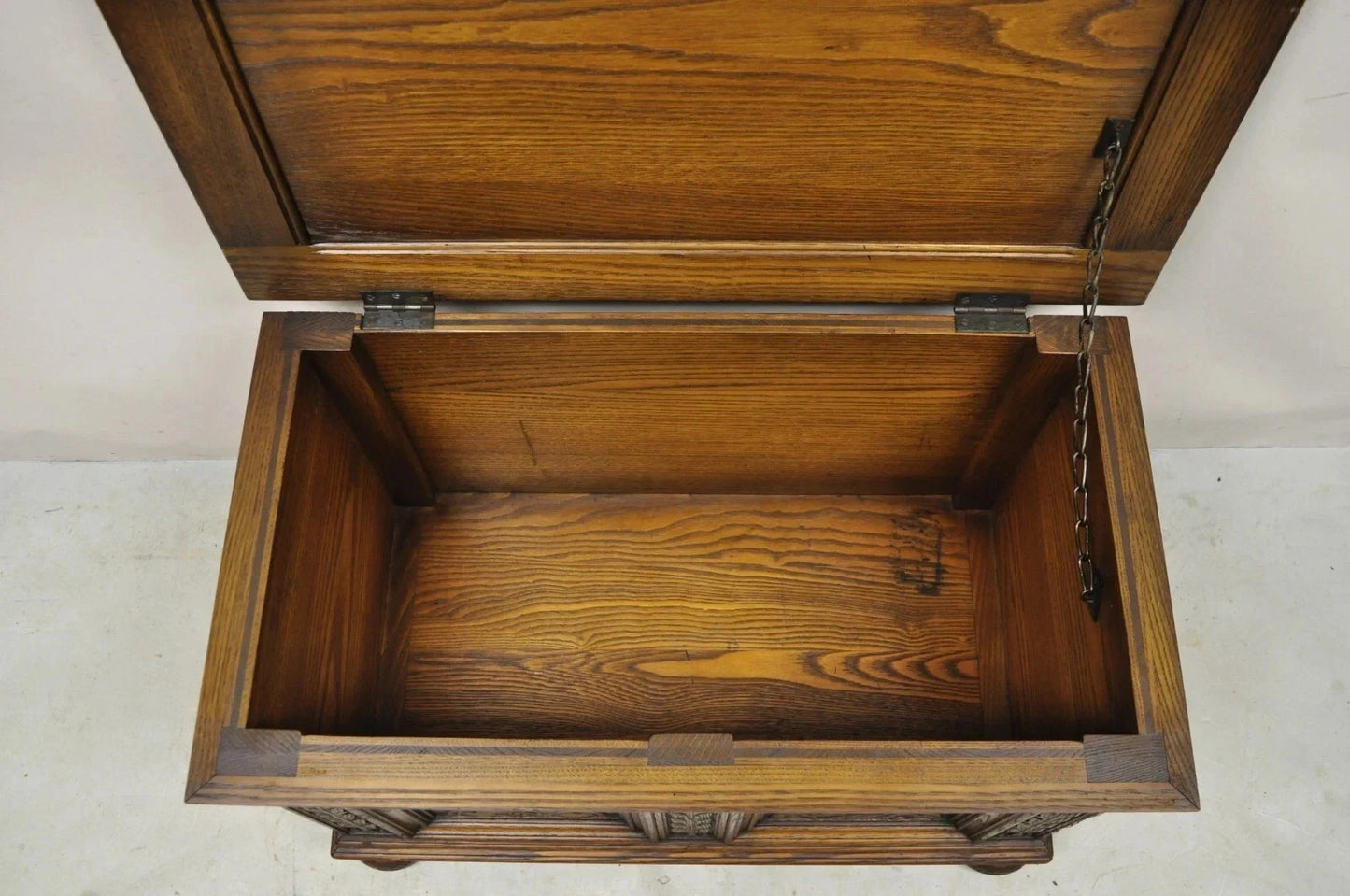 Antique Jacobean Oak Wood Figural Bust Carved Blanket Chest Trunk on Bun Feet