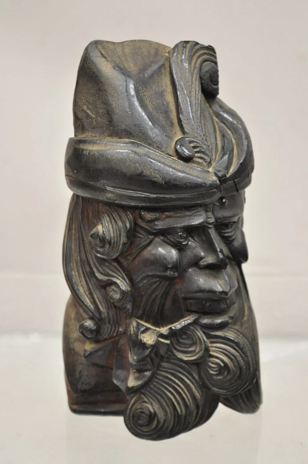 19th C European Black Forest Figural Wood Carved Bearded Man Lidded Tobacco Jar