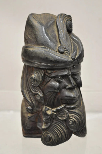 19th C European Black Forest Figural Wood Carved Bearded Man Lidded Tobacco Jar