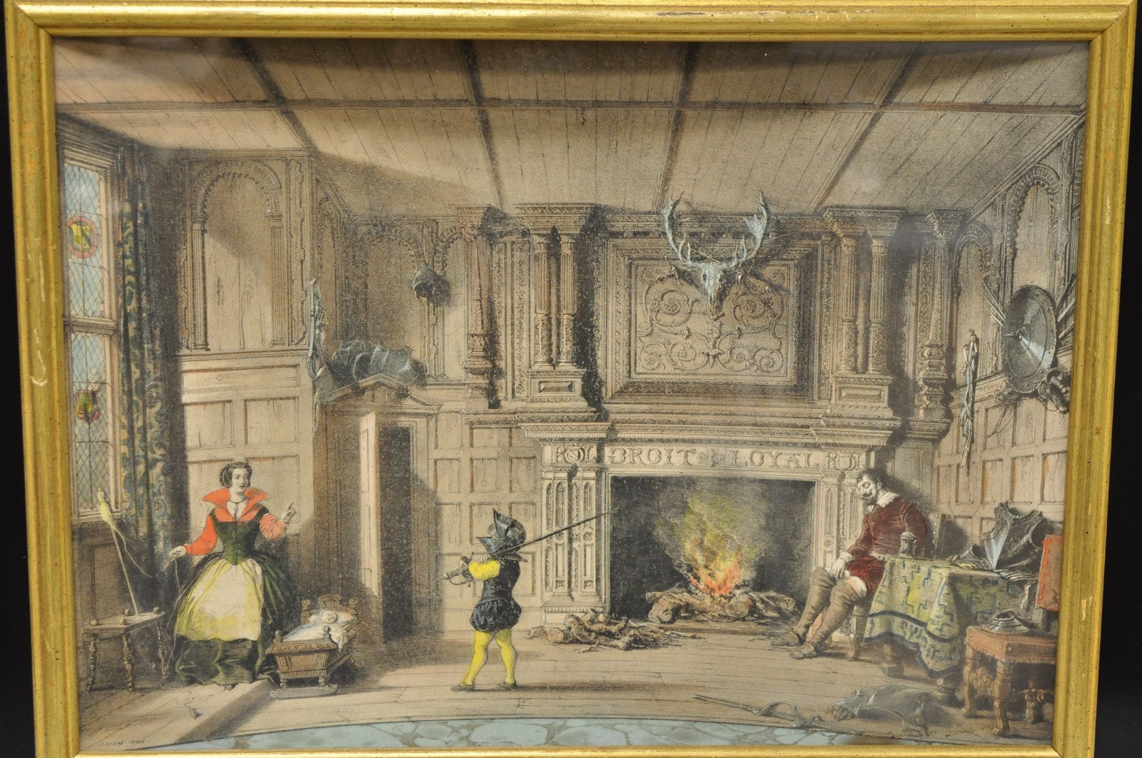 Antique Colored Lithograph 3D Frame Hall of Levens & Trophy Room Joseph Nash (2)