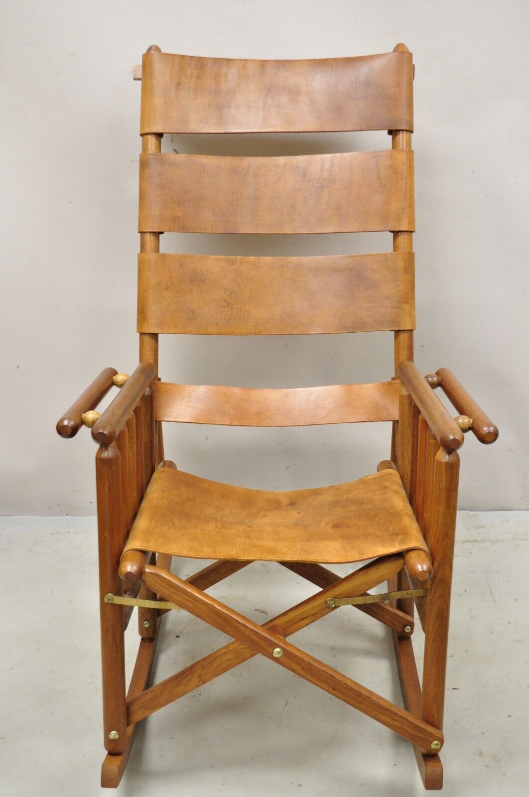 Costa Rican Campaign Style Teak Brown Leather Folding Rocker Rocking Chair