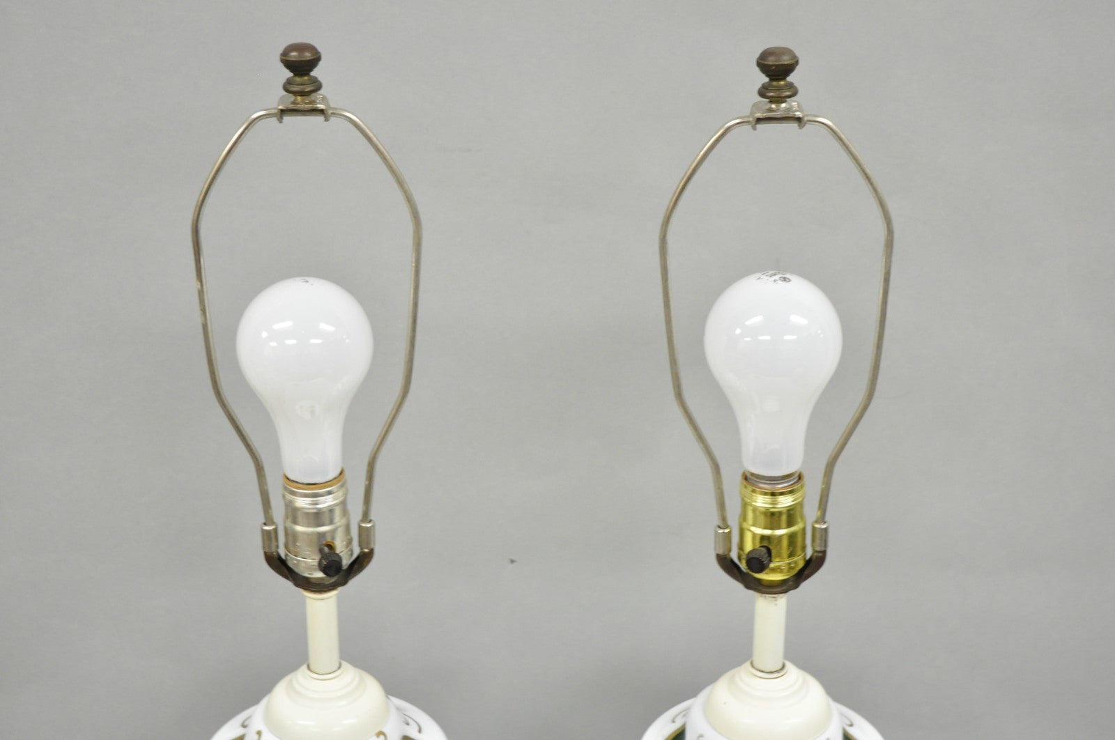 Antique Bohemian Czech Glass Green and White Flower Painted Table Lamps - a Pair