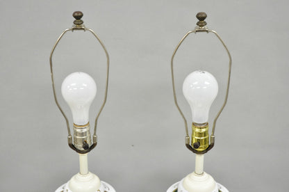 Antique Bohemian Czech Glass Green and White Flower Painted Table Lamps - a Pair