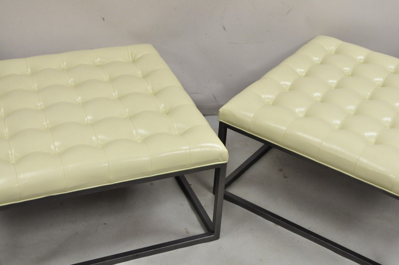 Modern Pearl Bonded Leather Steel Frame Button Tufted Square Cocktail Ottoman