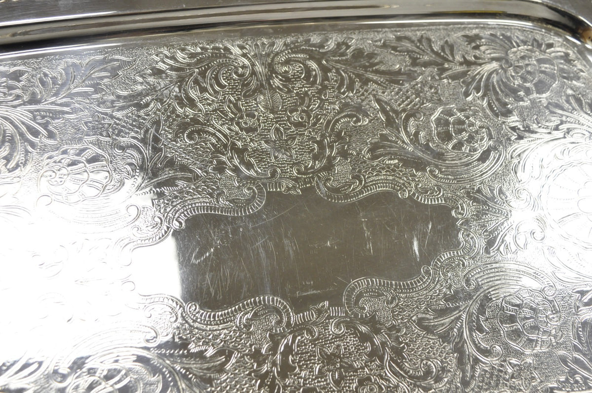 Vintage Oneida Victorian Silver Plated Etched Butlers Serving Platter Bar Tray