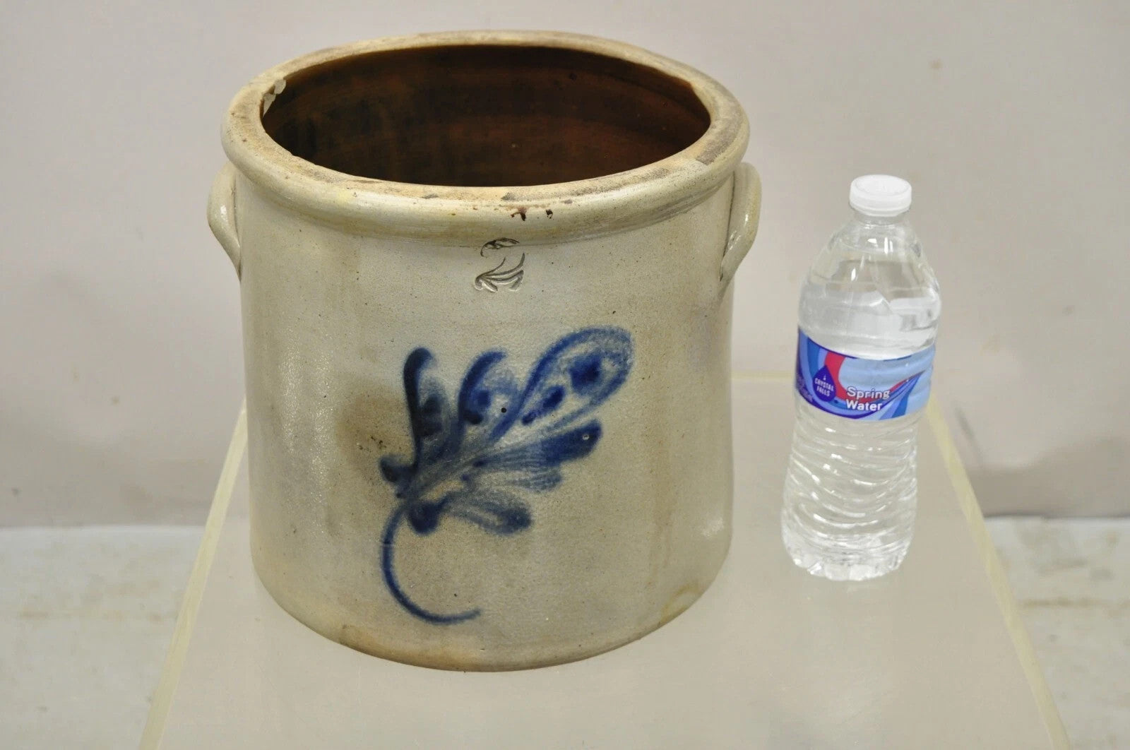 Antique Stoneware Two Gallon Crock with Cobalt Blue Slip Trailed Floral Design