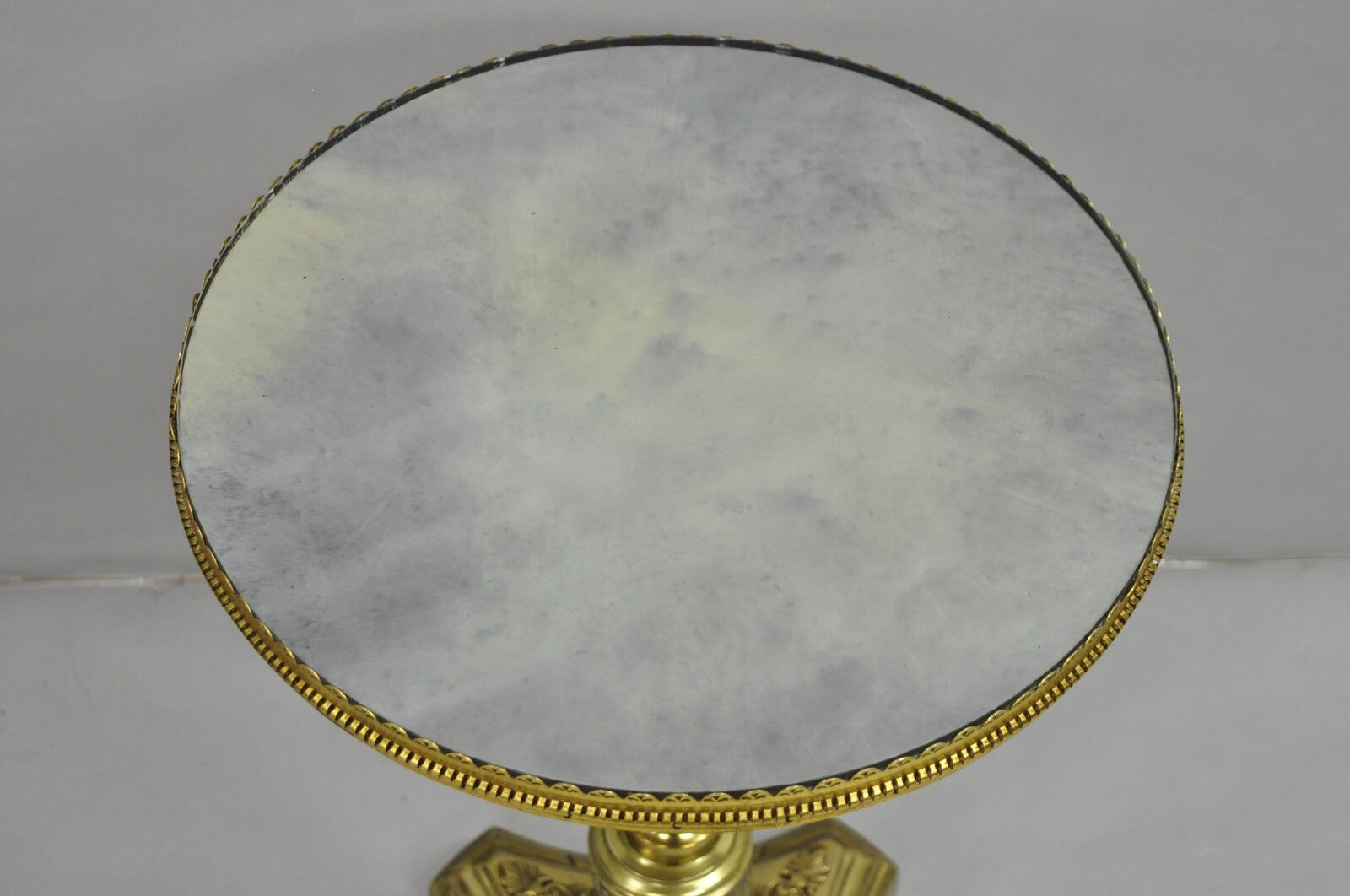 Antique French Victorian Solid Brass Round Glass Top Small Pedestal Side Table