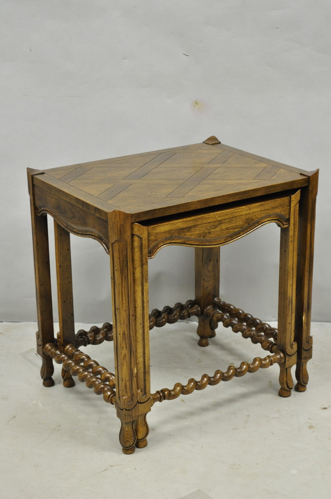 Vintage Baker Barley Twist Oak Parquetry Inlay Nesting Step Lamp Side Tables