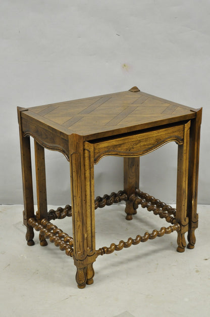 Vintage Baker Barley Twist Oak Parquetry Inlay Nesting Step Lamp Side Tables
