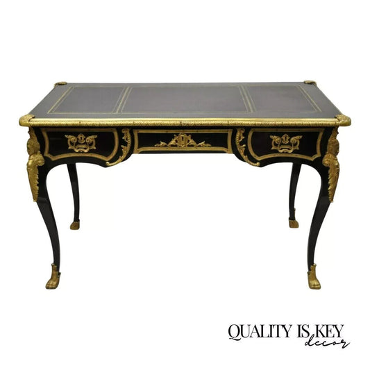 French Louis XV Black Lacquer Bronze Figural Ormolu Bureau Plat Writing Desk