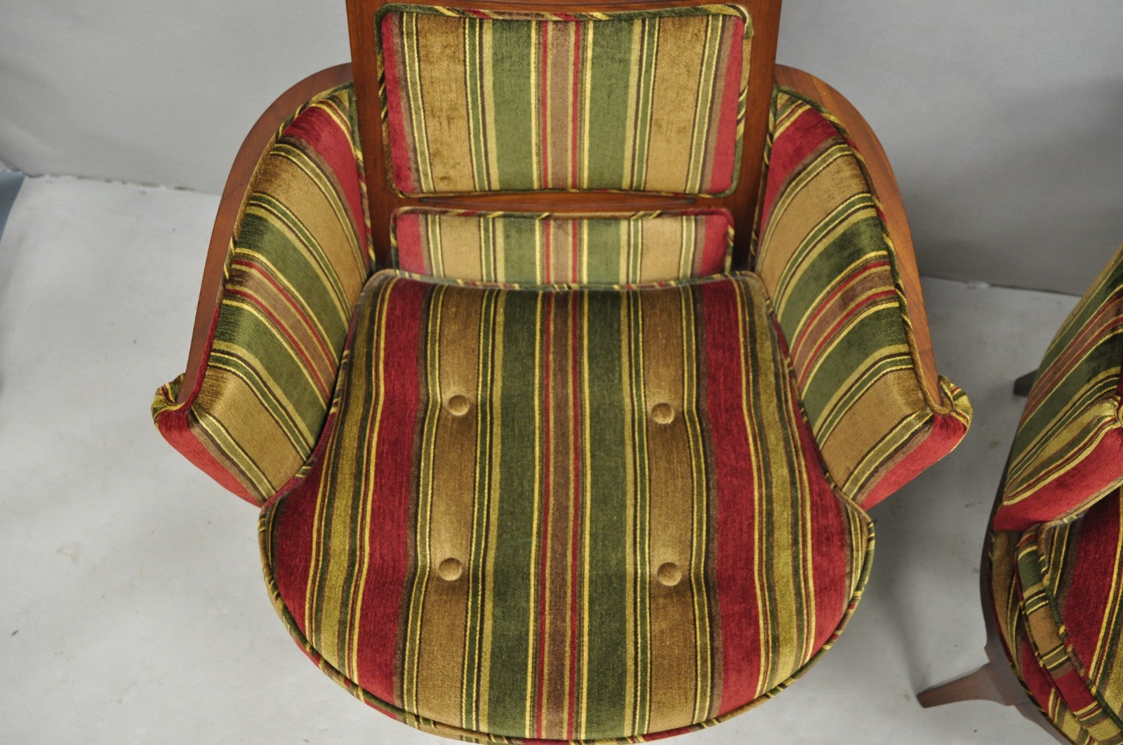 Vintage Mid Century Modern Walnut Panel Back Sculptural Lounge Arm Chairs - Pair