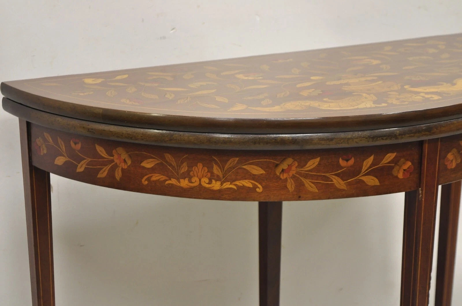 Antique Dutch Marquetry Inlay Flip Top Demilune Round Console Game Table