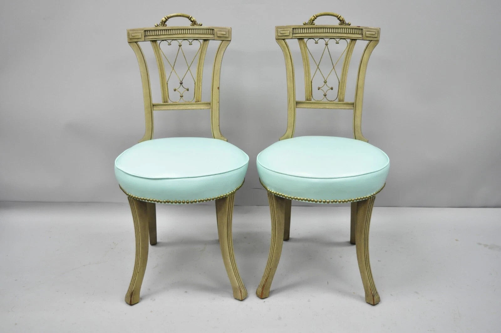 Vintage French Regency Style Mahogany Side Chairs w/ Brass Handles - a Pair