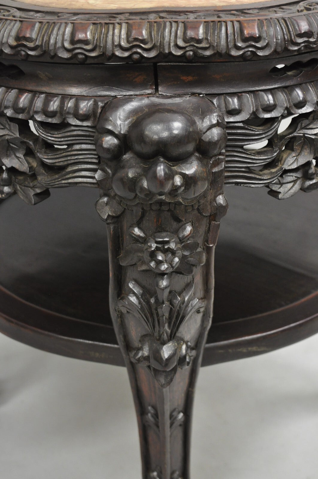 Antique Chinese Carved Hardwood Marble Top Pedestal Plant Stand Low Side Table