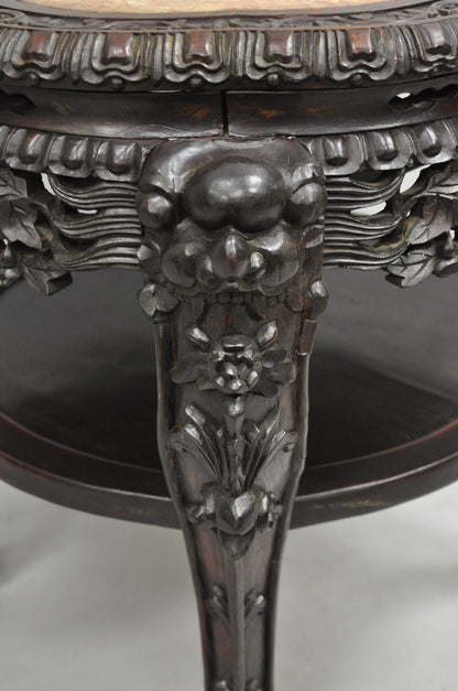 Antique Chinese Carved Hardwood Marble Top Pedestal Plant Stand Low Side Table