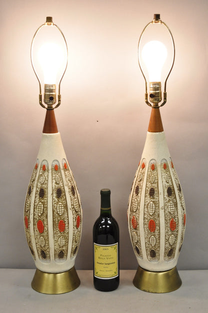 Vintage Mid Century Modern Ceramic Pottery Sculpted Teak Wood Table Lamps - Pair