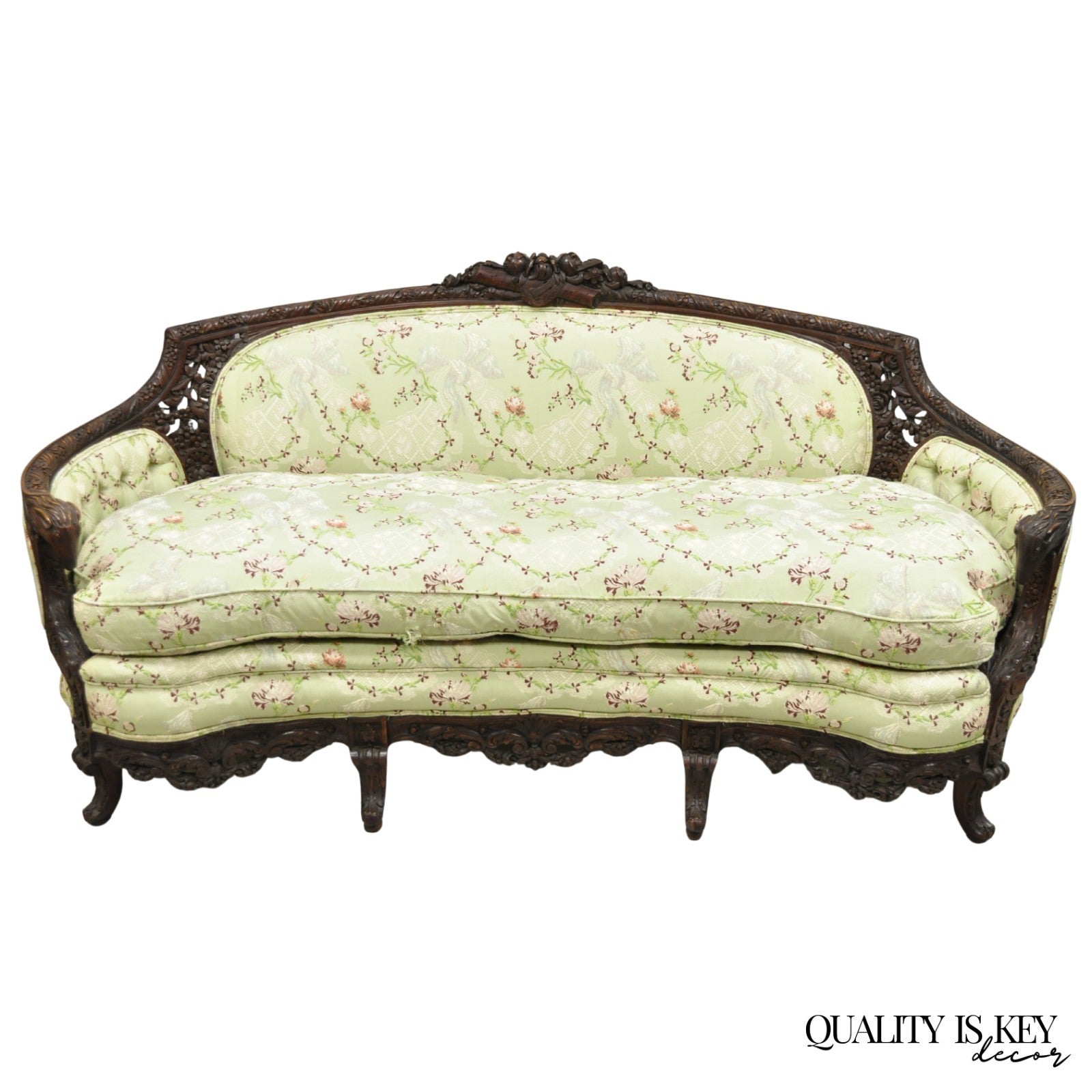 Antique Italian Renaissance Carved Walnut French Victorian Rams Head Green Sofa