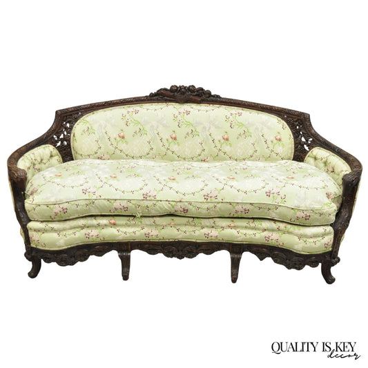 Antique Italian Renaissance Carved Walnut French Victorian Rams Head Green Sofa